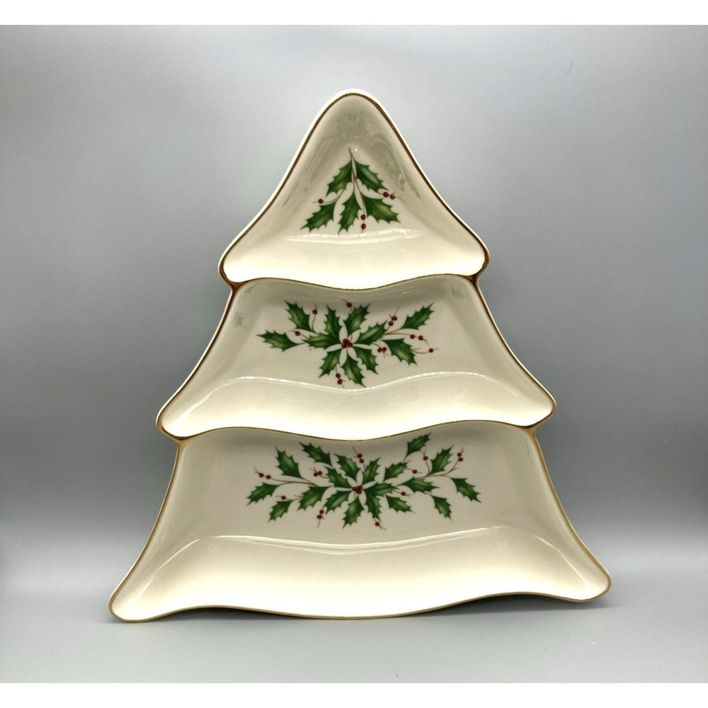 Lenox 3-Section Christmas-Tree-Shaped Serving Dish Holly & Berries Holiday 24K